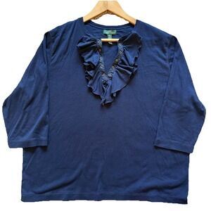 Lauren Jeans Co Women's Sz 3X Shirt Top Blue Ruffle Front Boho Western